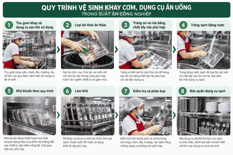 Quy trình vệ sinh khay cơm và dụng cụ ăn uống công nghiệp vệ sinh suất ăn công nghiệp