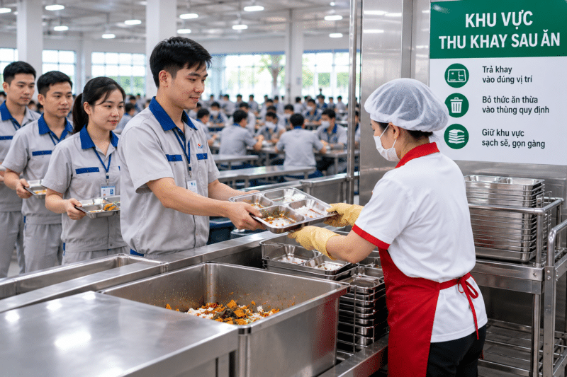 Quy trình vệ sinh khay cơm và dụng cụ ăn uống công nghiệp vệ sinh suất ăn công nghiệp