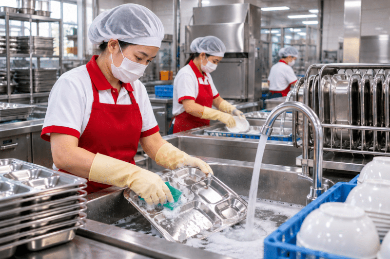 Quy trình vệ sinh khay cơm và dụng cụ ăn uống công nghiệp vệ sinh suất ăn công nghiệp